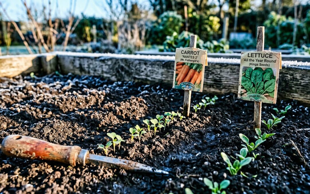 Nahaufnahme eines Freilandbeets im frühen März mit Reihen frisch gekeimter Radieschen und Spinatsetzlinge in dunkler, feuchter Erde. Saatguttüten stecken als Reihenmarkierung im Boden, Raureif glitzert am Beetrand.