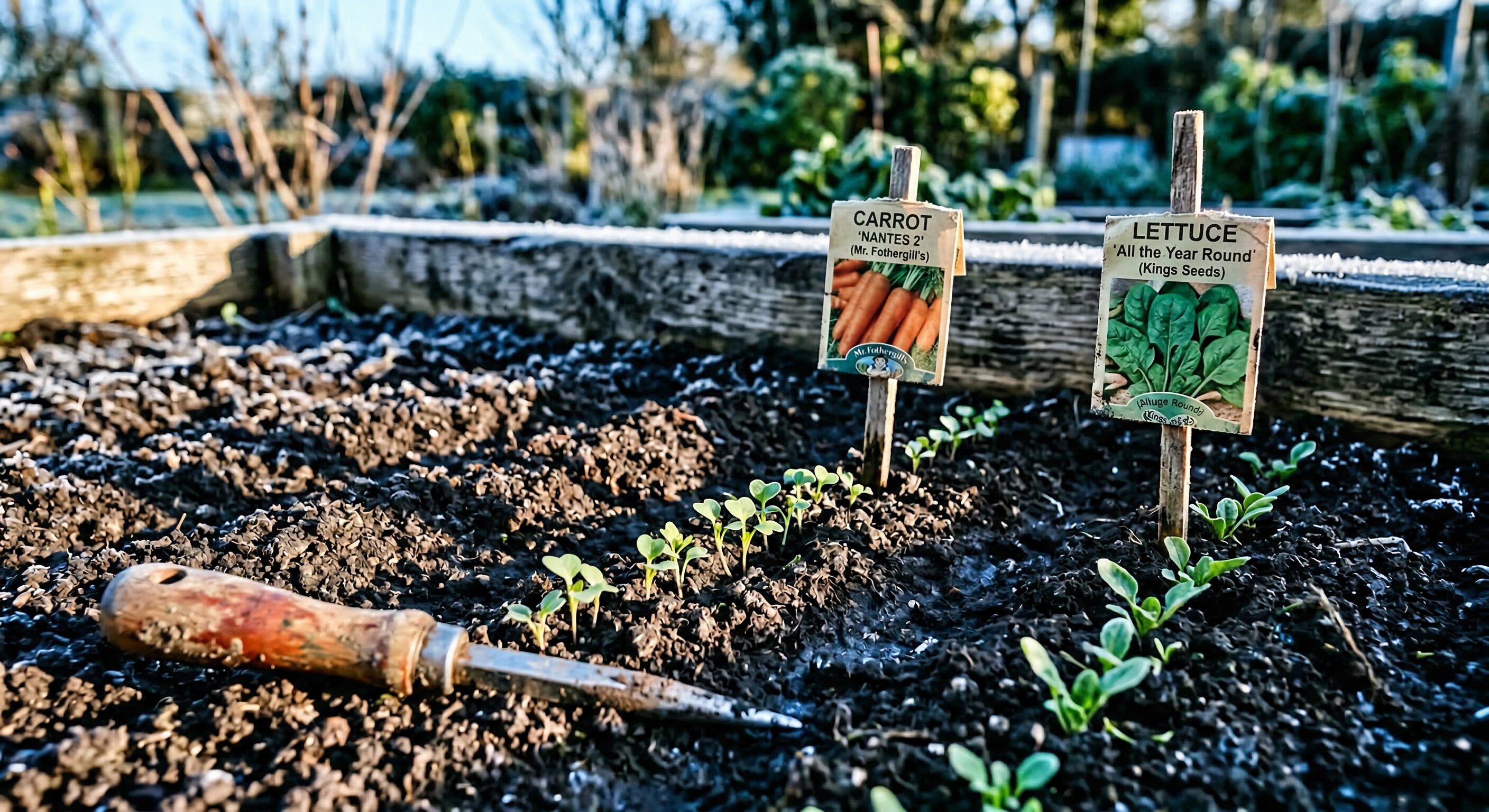 Nahaufnahme eines Freilandbeets im frühen März mit Reihen frisch gekeimter Radieschen und Spinatsetzlinge in dunkler, feuchter Erde. Saatguttüten stecken als Reihenmarkierung im Boden, Raureif glitzert am Beetrand.