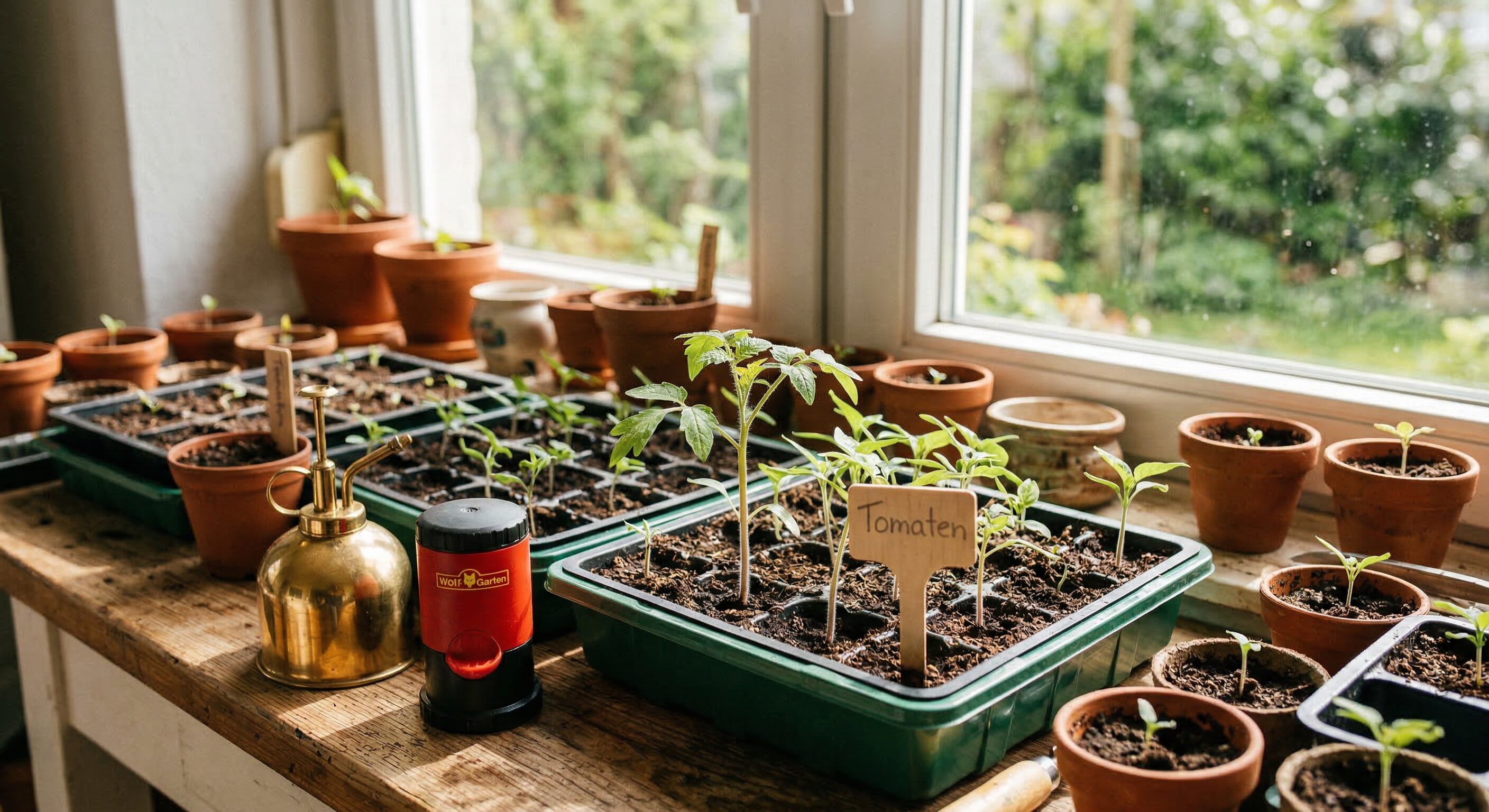 Sonnige Fensterbank mit Anzuchtschalen und Terrakottatöpfen voller kleiner Tomaten- und Paprikasetzlinge. Handgeschriebene Pflanzenschilder, eine Messingsprühflasche und ein Saatgutspender stehen daneben. Helles Tageslicht flutet durch das Fenster.