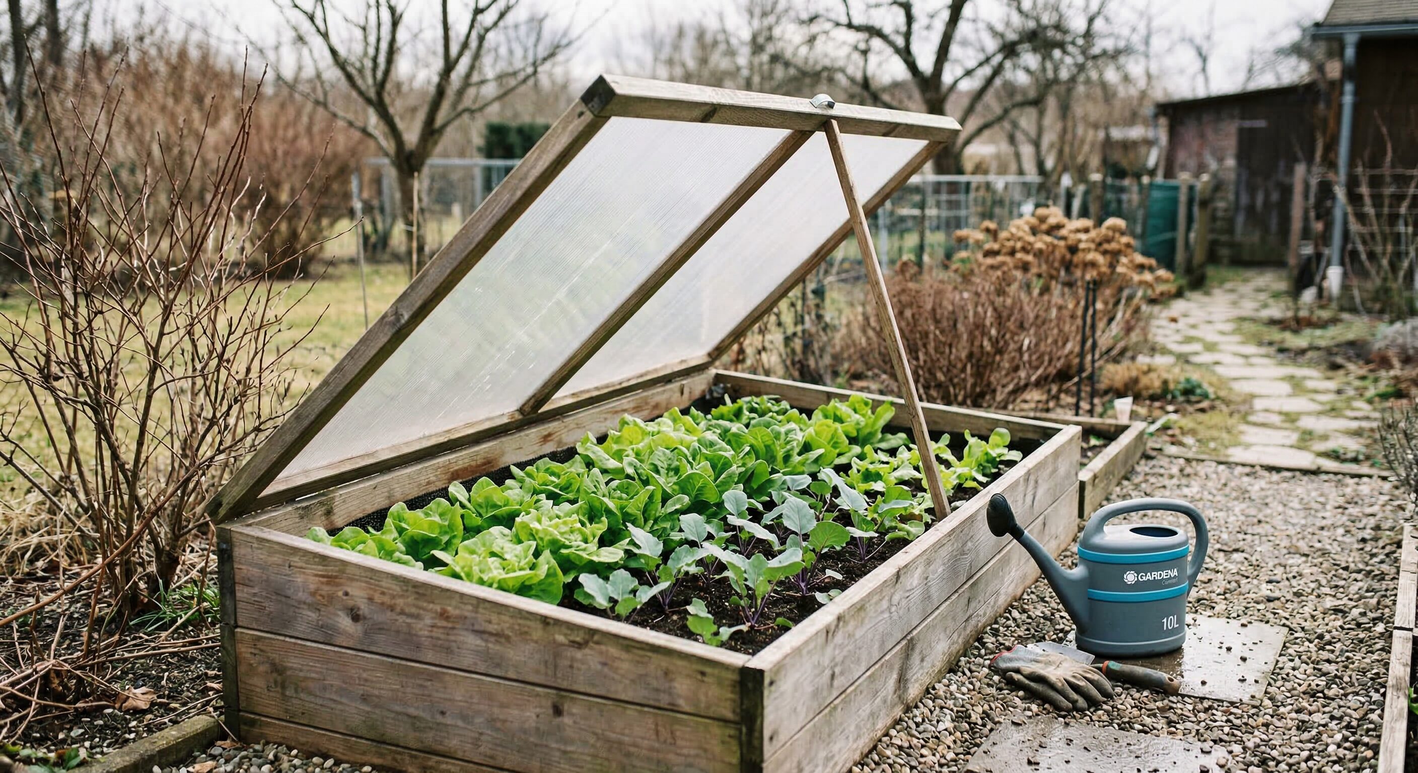 Holzhochbeet mit geöffnetem Frühbeetaufsatz aus transparentem Kunststoff, darunter üppig wachsende Salat- und Kohlrabisetzlinge. Der umgebende Garten ist noch winterlich kahl, eine Gießkanne steht auf dem Kiesweg daneben.