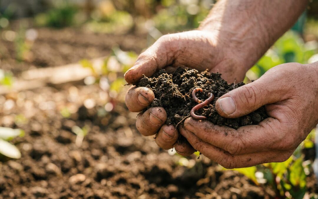 Nahaufnahme zweier Hände, die eine Handvoll dunkler, krümeliger Gartenerde halten. Ein kleiner Regenwurm ist zwischen den Fingern sichtbar. Im Hintergrund ein frisch gelockertes Frühjahrsbeet in weicher Unschärfe.