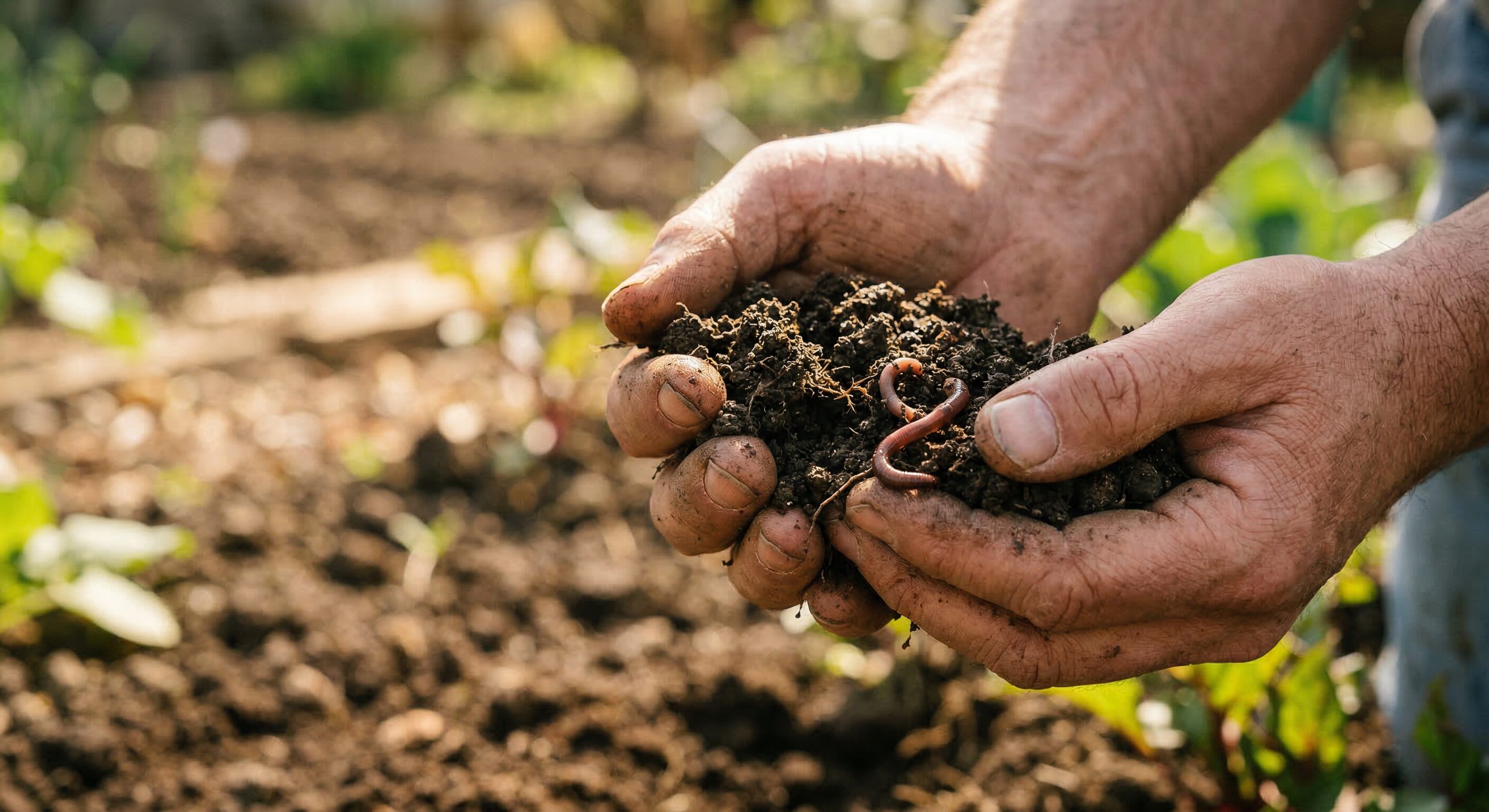 Nahaufnahme zweier Hände, die eine Handvoll dunkler, krümeliger Gartenerde halten. Ein kleiner Regenwurm ist zwischen den Fingern sichtbar. Im Hintergrund ein frisch gelockertes Frühjahrsbeet in weicher Unschärfe.