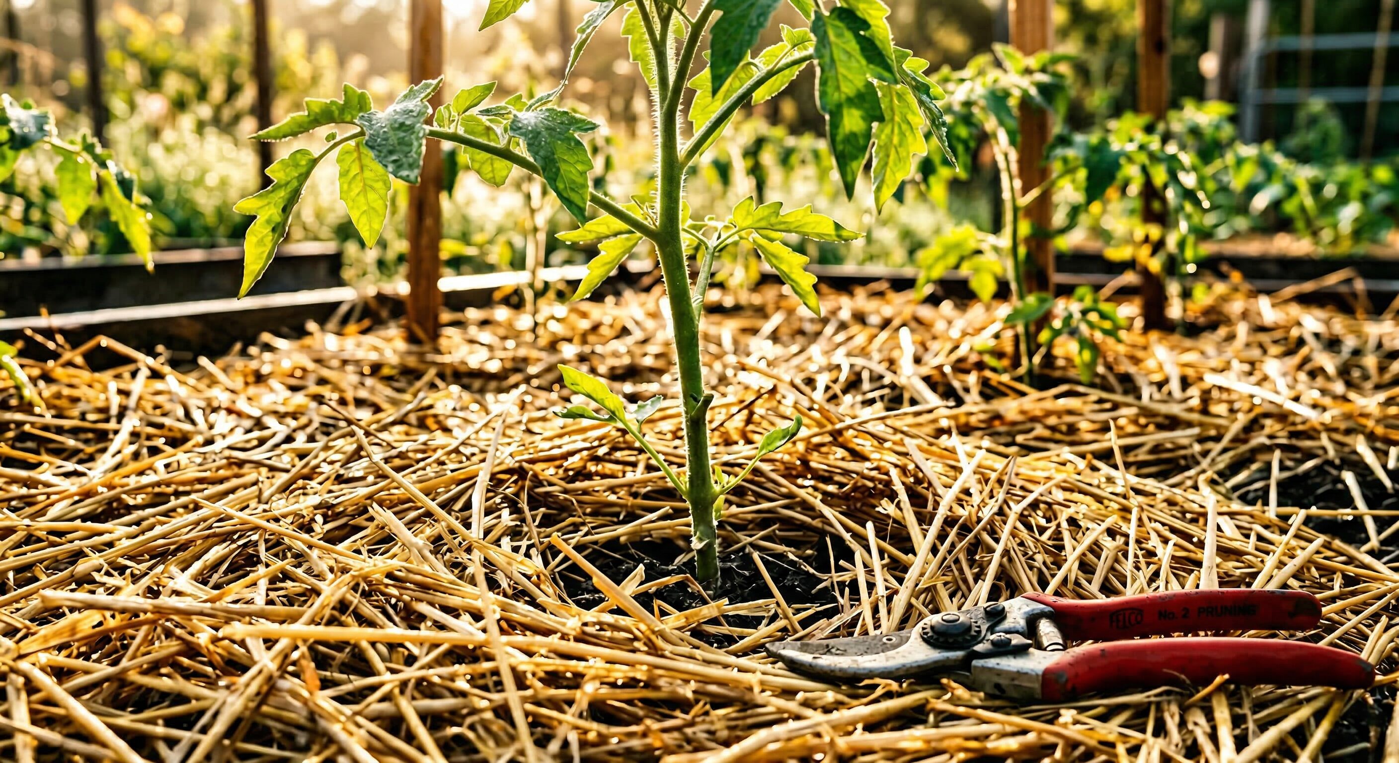 Nahaufnahme eines Gemüsebeetes mit jungen Tomatenpflanzen, zwischen denen eine dicke Schicht goldenes Stroh als Mulch liegt. Morgentau glitzert auf dem Stroh, warmes Gegenlicht lässt die grünen Blätter leuchten.
