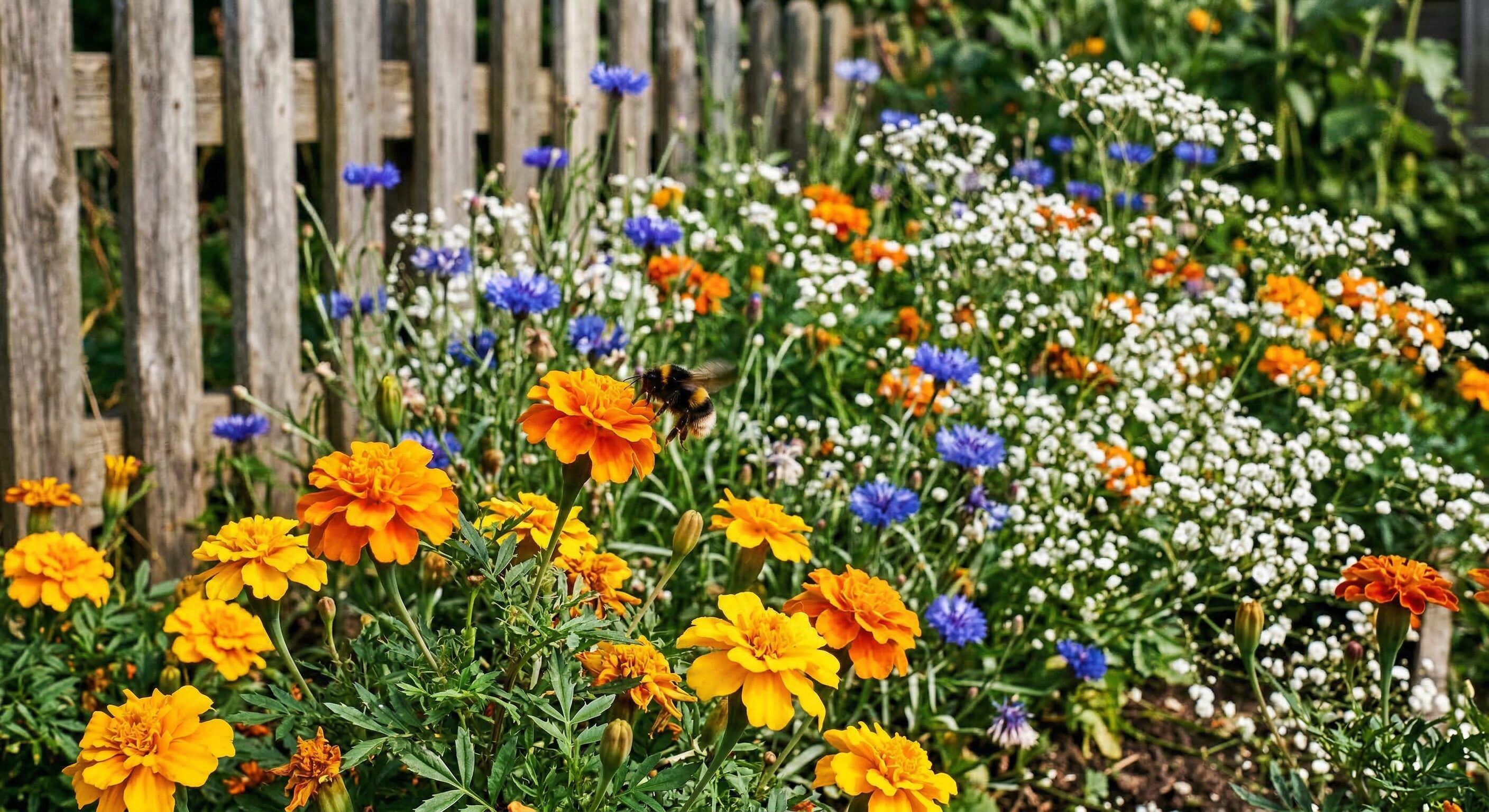Buntes Blumenbeet mit leuchtend orangen Ringelblumen, tiefblauen Kornblumen und weißem Schleierkraut in lockerer Cottage-Garten-Anordnung. Eine Hummel schwebt über einer Ringelblumenblüte, warmes Nachmittagslicht taucht die Szene in satte Farben.