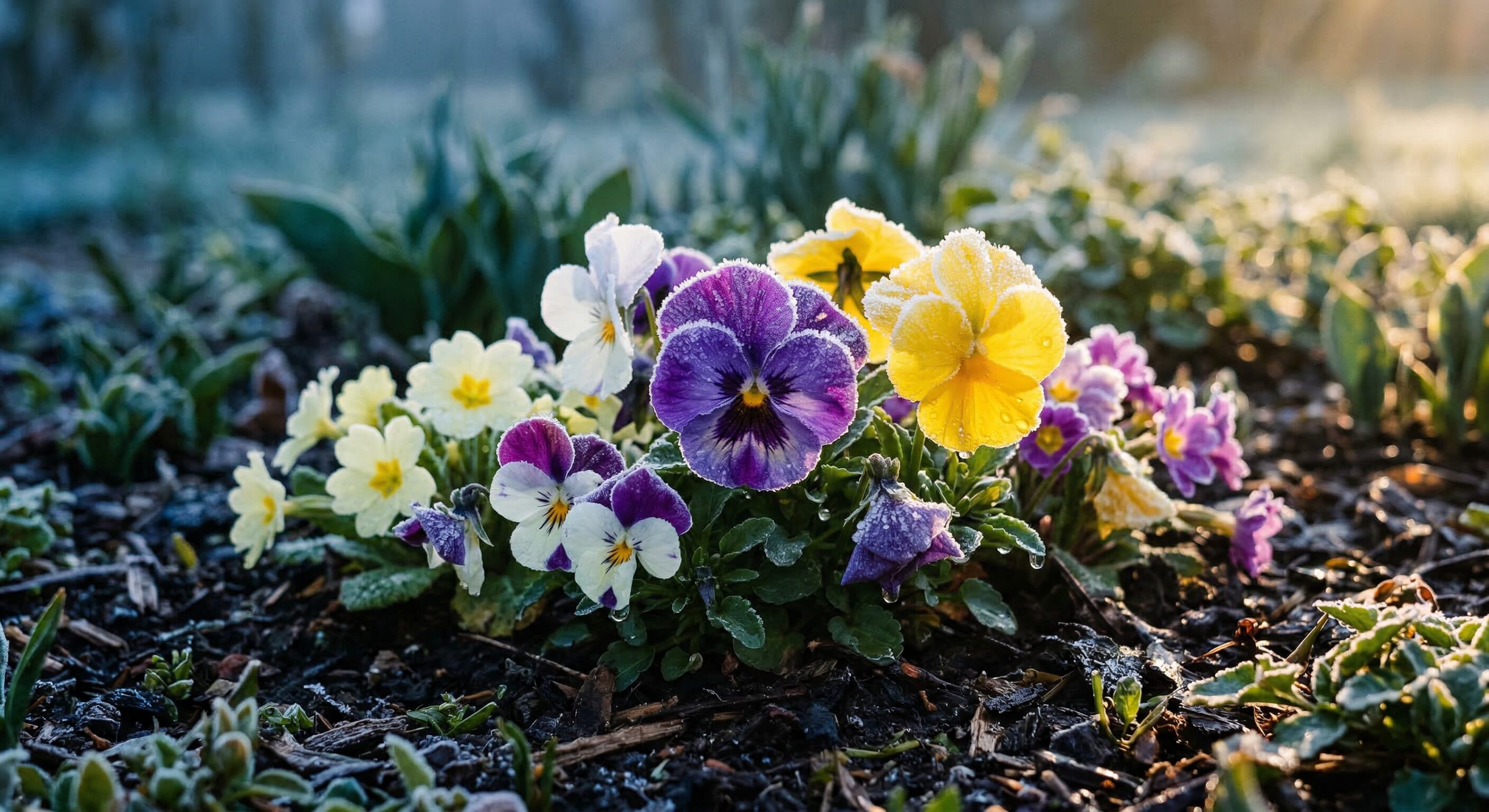 Nahaufnahme von bunten Stiefmütterchen und Primeln in einem Frühlingsbeet, deren Blütenblätter von feinen Frostkristallen bedeckt sind, die in den ersten Sonnenstrahlen schmelzen. Tiefviolette, gelbe und weiße Blüten trotzen der Morgenkälte.