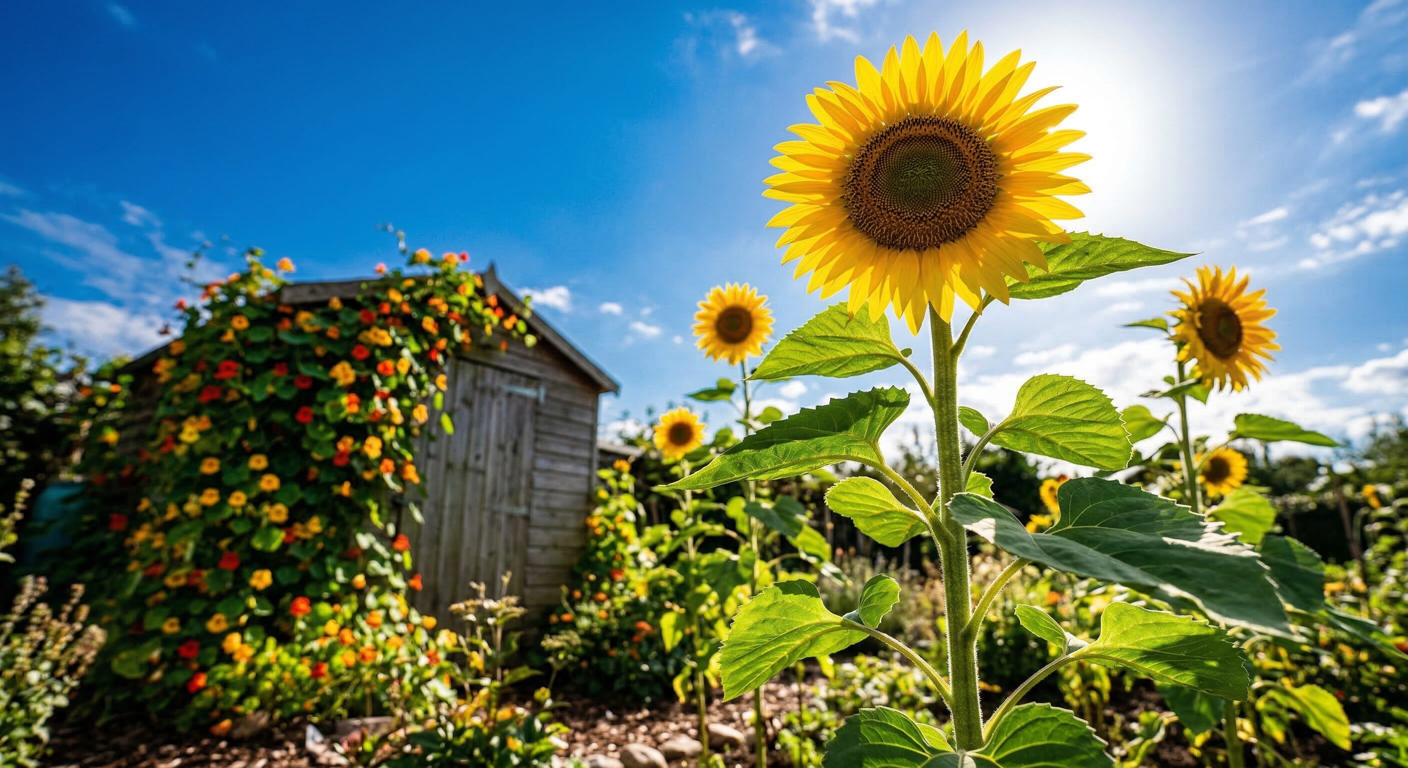 Froschperspektive auf eine mächtige Sonnenblume vor tiefblauem Sommerhimmel, dahinter weitere Sonnenblumen in verschiedenen Höhen. Nachmittagssonne durchleuchtet die Blätter, im Hintergrund ein Gartenhaus mit orangefarbener Kapuzinerkresse.
