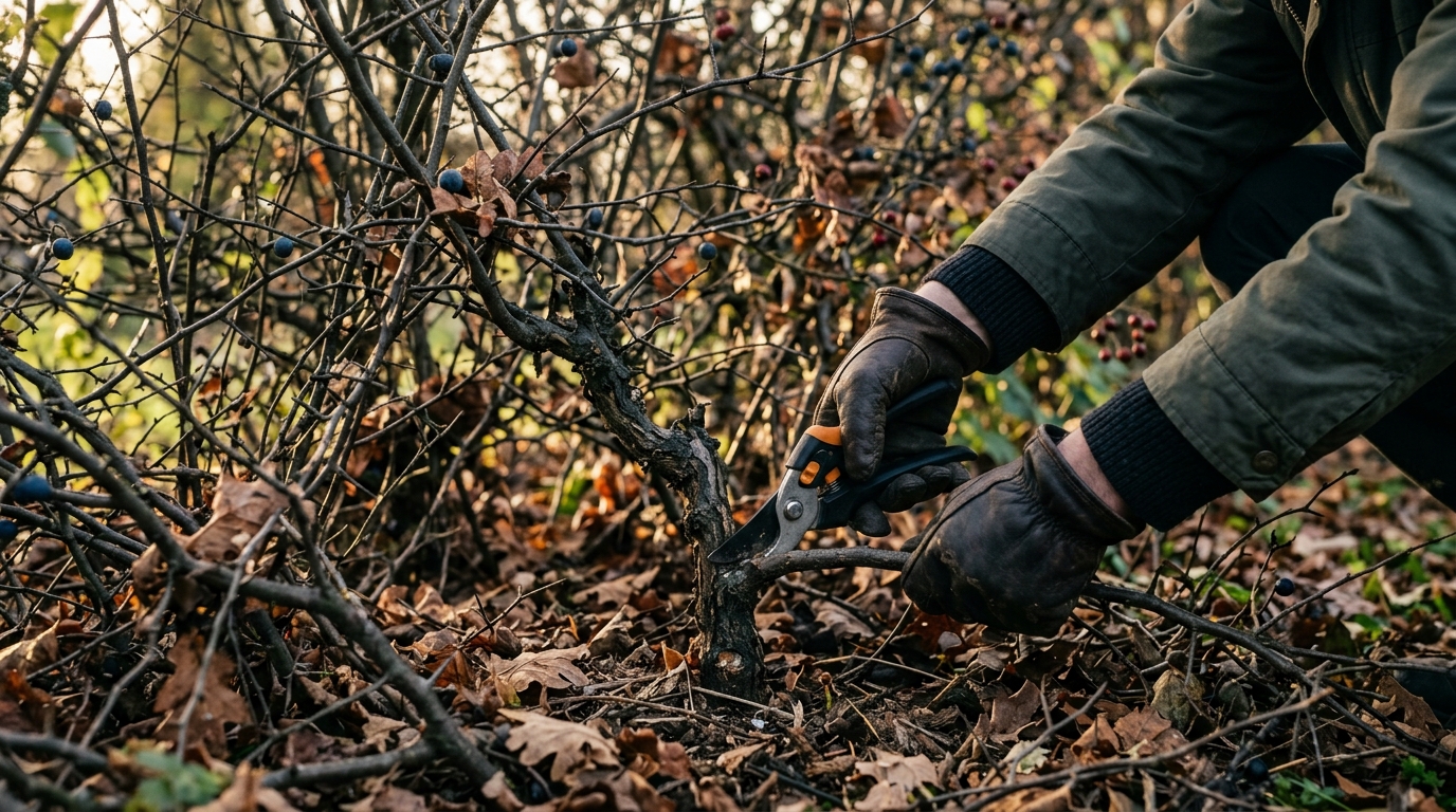 Hand mit Astschere schneidet alten Trieb einer heimischen Mischhecke im Sp&auml;therbst