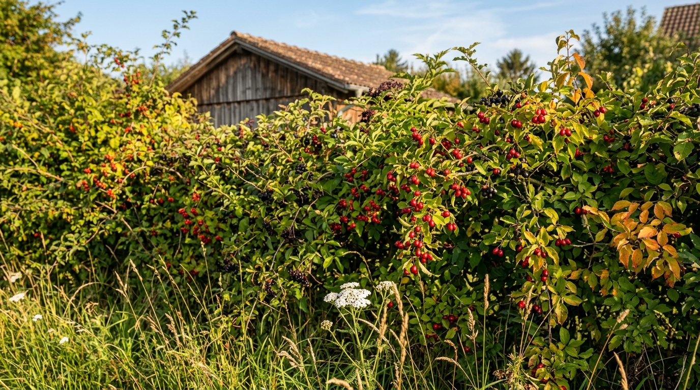 Heimische Mischhecke aus Schlehe, Weißdorn, Holunder und Hasel mit Beeren entlang eines privaten Gartens