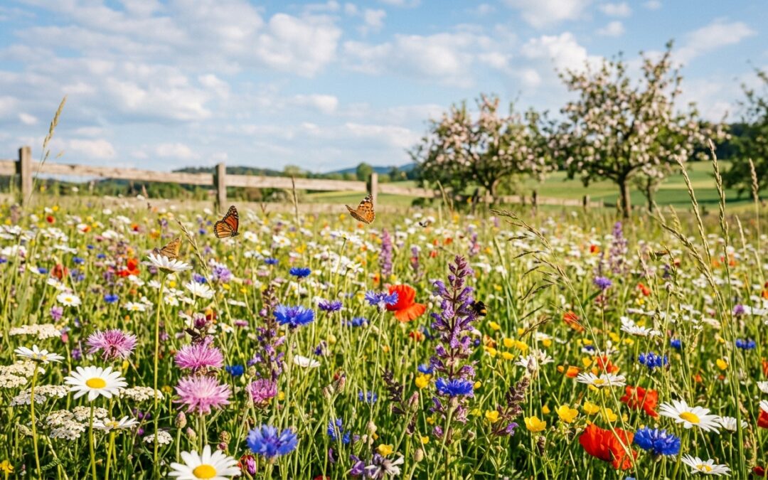 Üppig blühende Wildblumenwiese mit Margeriten, Kornblumen, Mohn und Schmetterlingen im Sommerlicht