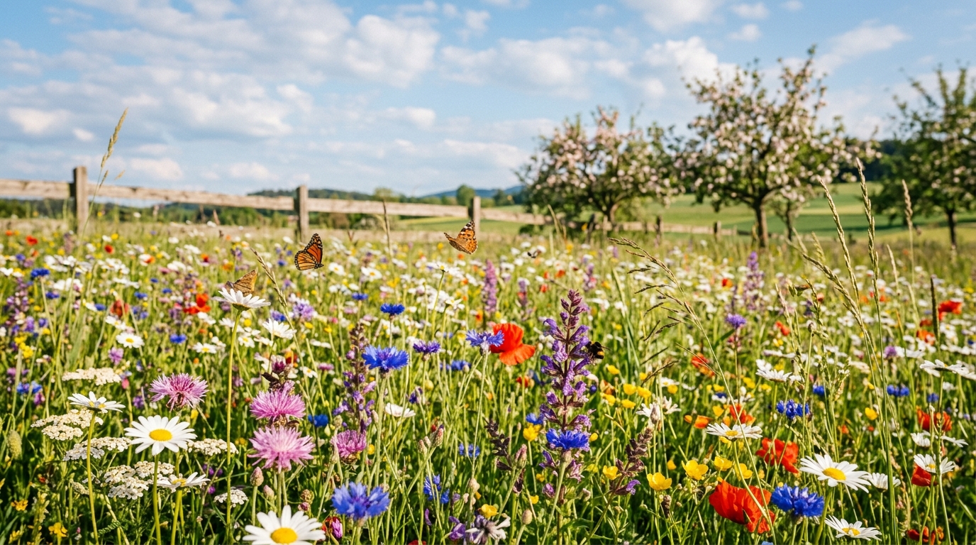 Üppig blühende Wildblumenwiese mit Margeriten, Kornblumen, Mohn und Schmetterlingen im Sommerlicht