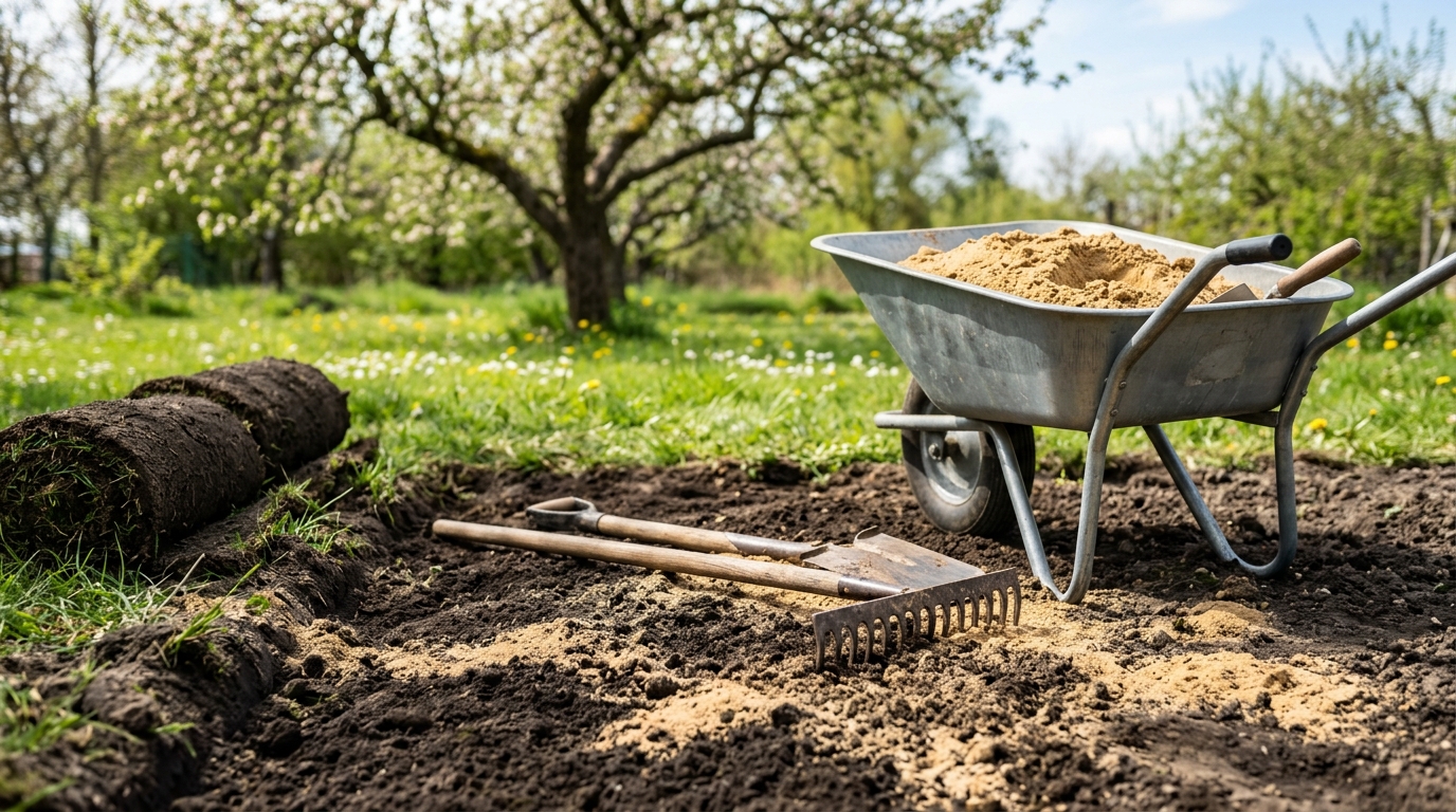 Spaten, Rechen und Sand auf abgetragenem Gartenboden – Bodenvorbereitung für eine Wildblumenwiese