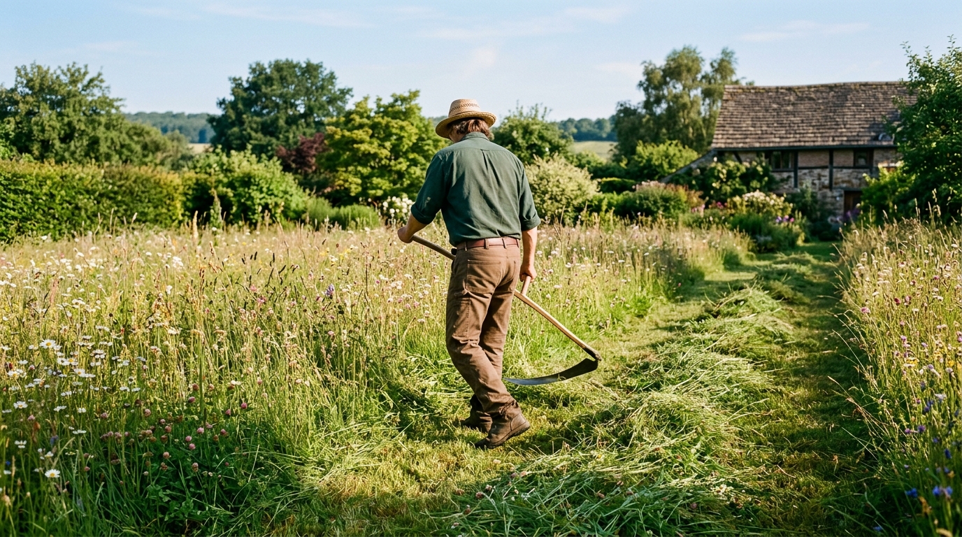 Person mäht mit der Sense eine hohe blühende Wildblumenwiese im Spätsommermorgen, Mähgut liegt in Schwaden