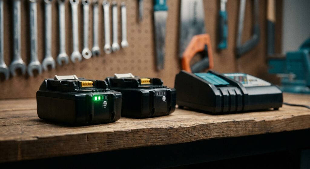 Zwei Werkzeugakkus im Kellerregal mit zwei leuchtenden LEDs als halber Ladestand