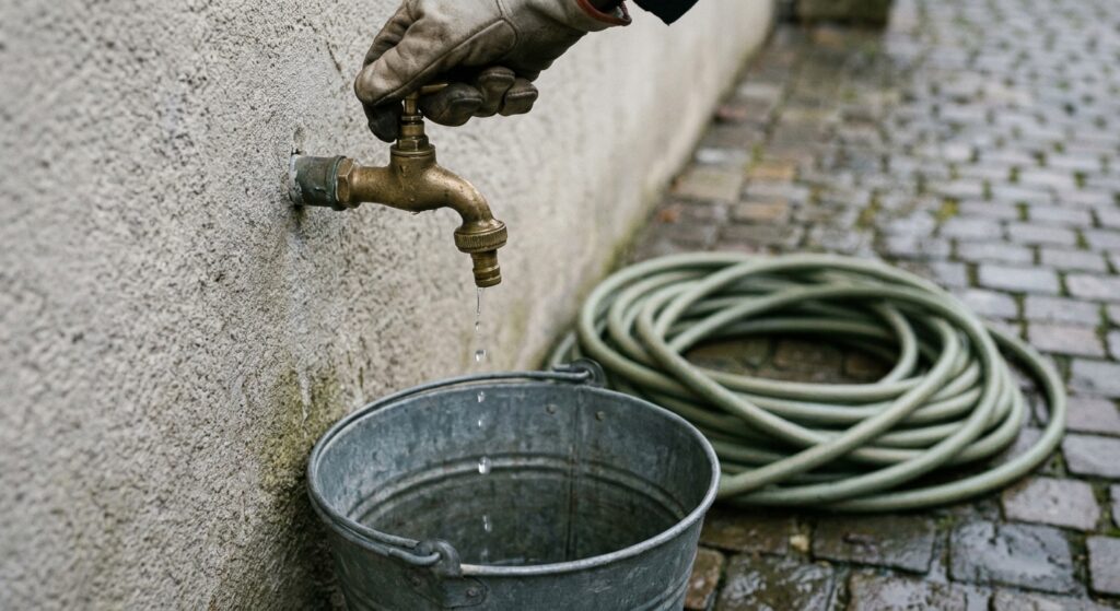 Hand öffnet Außenwasserhahn an Hauswand zum Entleeren, daneben aufgerollter Gartenschlauch