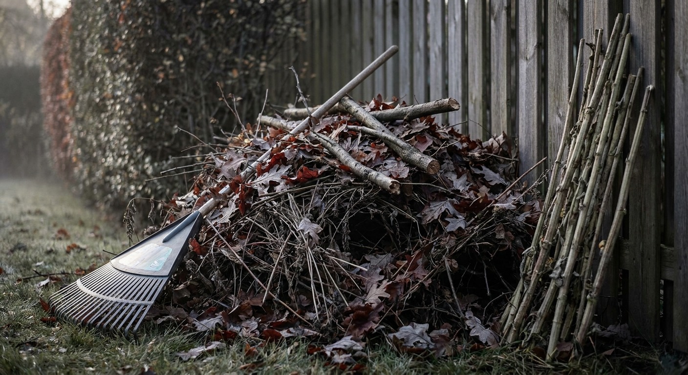 Aufgeschichteter Laub- und Reisighaufen an einem Holzzaun als Winterquartier für Igel
