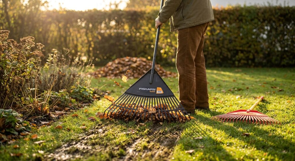 Person harkt mit Laubrechen Herbstlaub vom Rasen in ein angrenzendes Beet