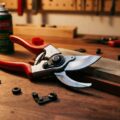Zerlegte Felco Gartenschere mit frisch geschliffener Klinge, Schleifstein und Ölfläschchen beim Gartengeräte winterfest machen