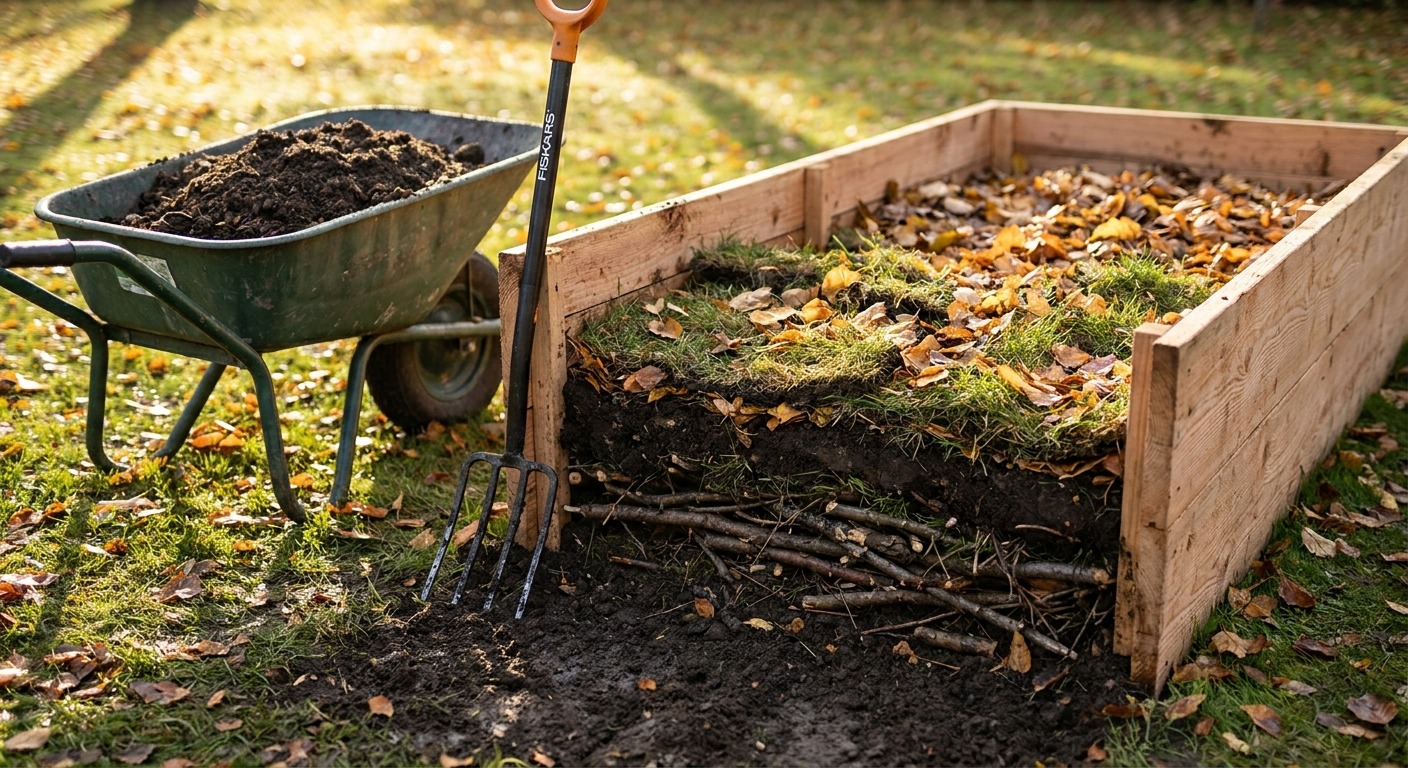Hochbeet aus Lärchenholz mit sichtbaren Schichten aus grobem Astschnitt, Grassoden und Laub beim Anlegen