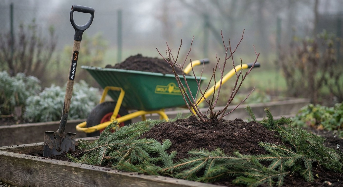 Edelrose im Beet mit etwa 20 Zentimeter hohem Erdhügel an der Basis und locker aufgelegten Tannenzweigen, um die Rose winterfest zu machen