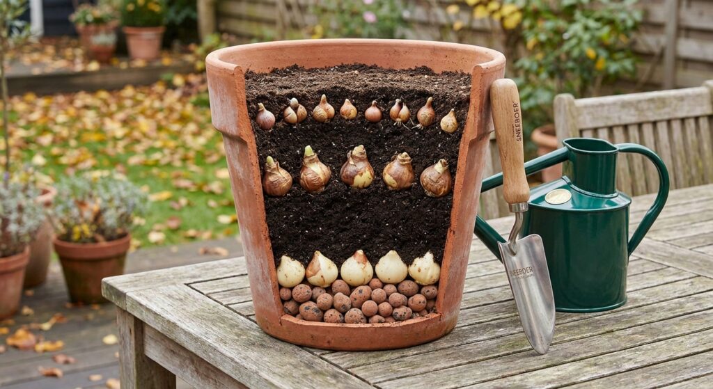Schnittansicht eines Terrakottatopfs mit Tulpen, Narzissen und Krokuszwiebeln in drei Lagen übereinander