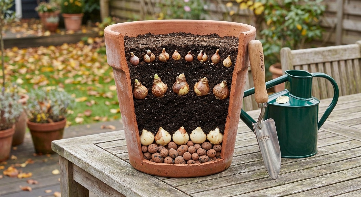 Schnittansicht eines Terrakottatopfs mit Tulpen, Narzissen und Krokuszwiebeln in drei Lagen übereinander