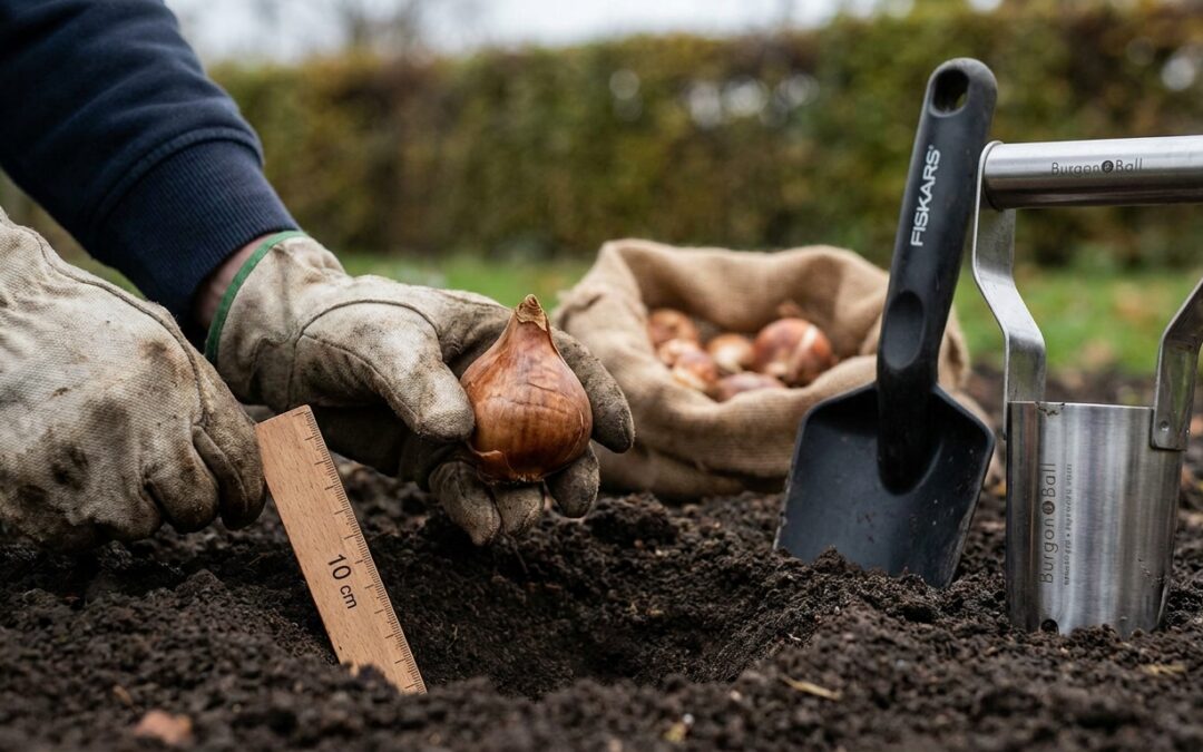 Hände setzen eine Tulpenzwiebel mit der Spitze nach oben in ein zehn Zentimeter tiefes Pflanzloch