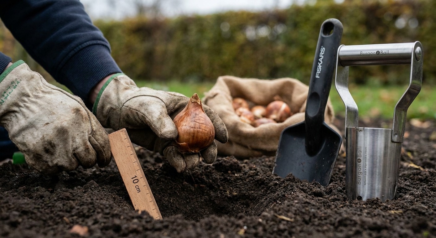 Hände setzen eine Tulpenzwiebel mit der Spitze nach oben in ein zehn Zentimeter tiefes Pflanzloch