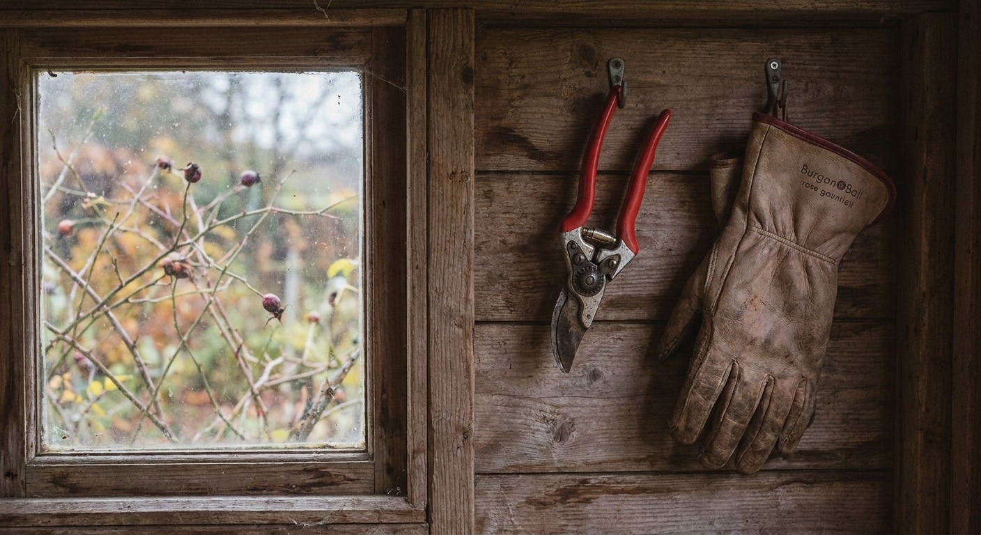 Rosenschere und Rosenhandschuh hängen an einer Holzwand im Schuppen, durch das Fenster ist ein Rosenstrauch zu sehen