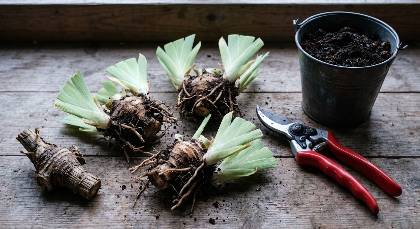 Drei geteilte Schwertlilien-Rhizome mit je mehreren Trieben liegen auf einem Holztisch neben einer Gartenschere