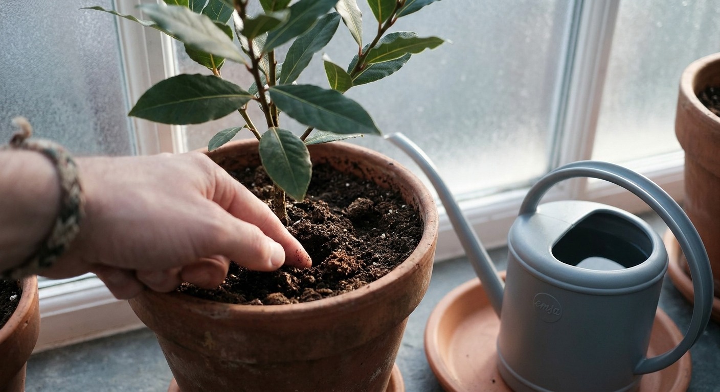 Finger prüft die Feuchtigkeit der Erde in einem Terrakottatopf mit Lorbeer, daneben eine kleine Gießkanne