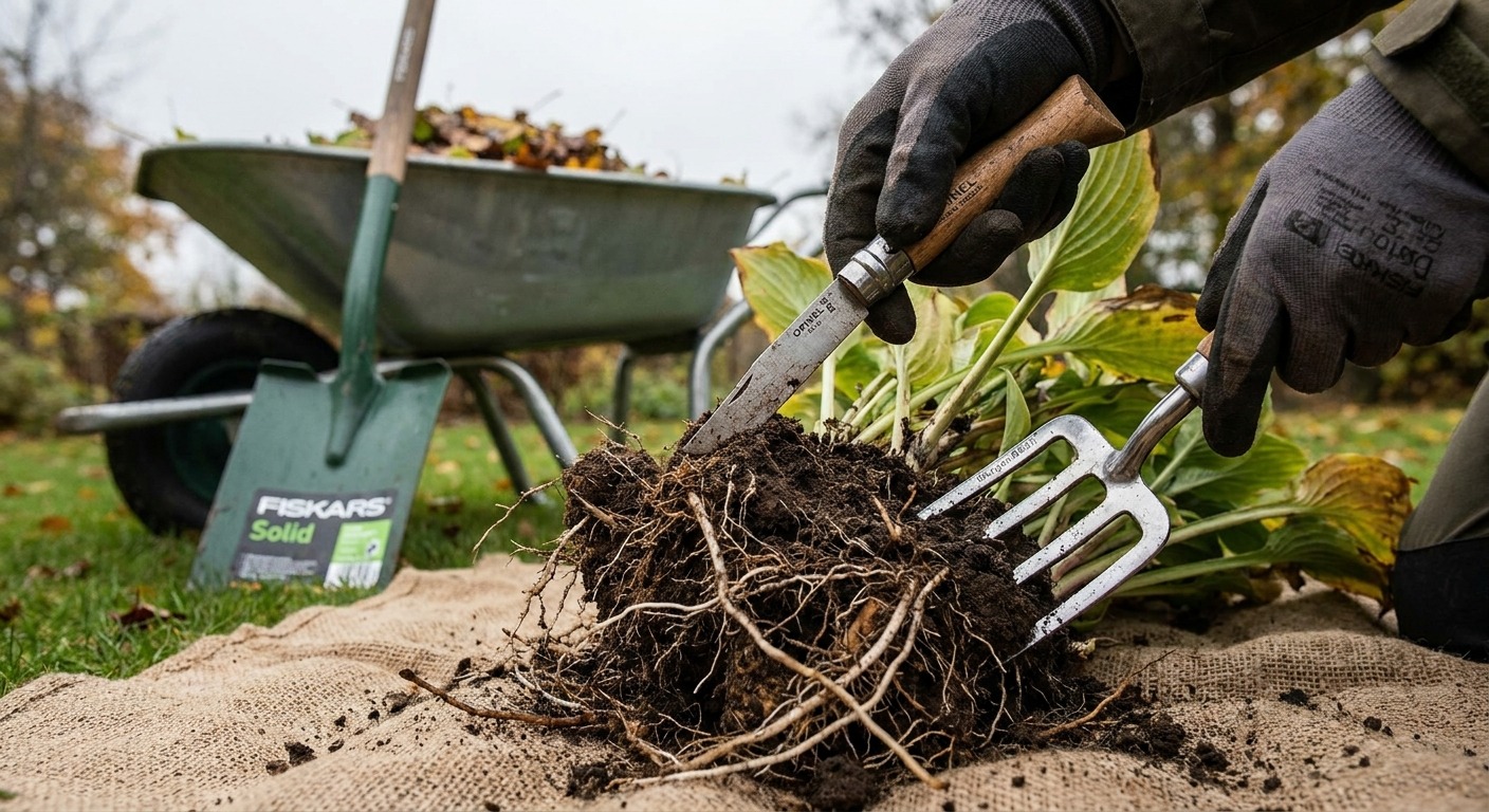 Hände teilen einen ausgegrabenen Funkienballen auf einem Jutetuch mit Grabegabel und Gartenmesser