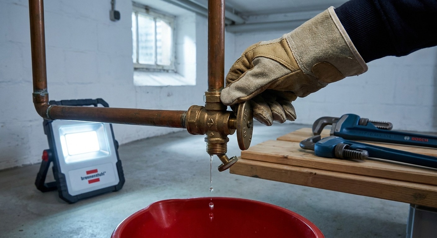Hand schließt ein Absperrventil an einer Kupferleitung im Keller, um den Außenwasserhahn frostsicher zu machen, aus der Entleerungsschraube tropft Wasser