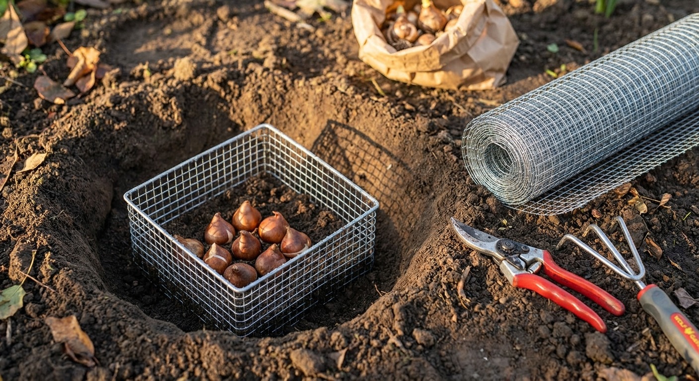 Drahtkorb mit Tulpenzwiebeln in einem Pflanzloch, daneben eine Rolle verzinktes Drahtgeflecht