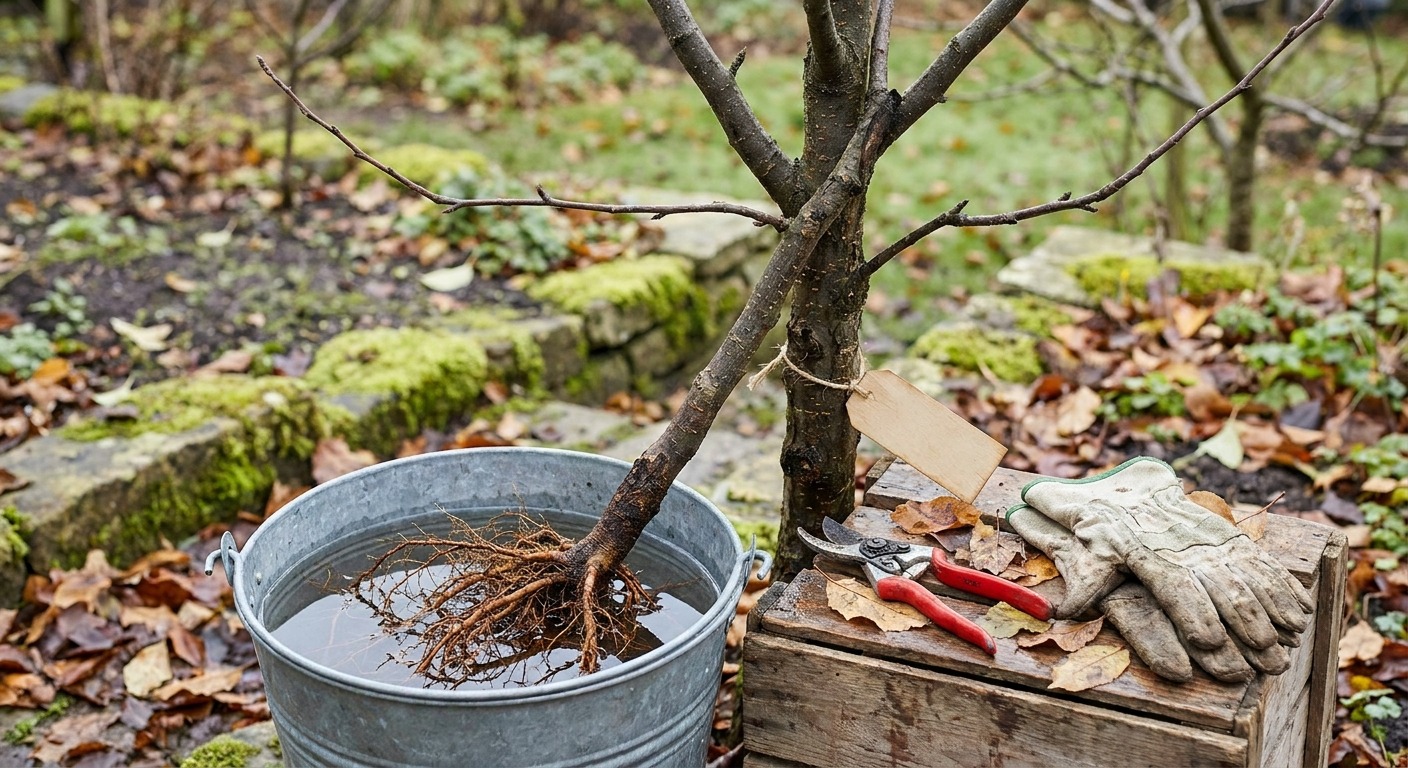 Junger wurzelnackter Apfelbaum steht mit den Wurzeln in einem Zinkeimer mit Wasser, daneben eine Gartenschere, bereit zum Obstbäume pflanzen im Herbst