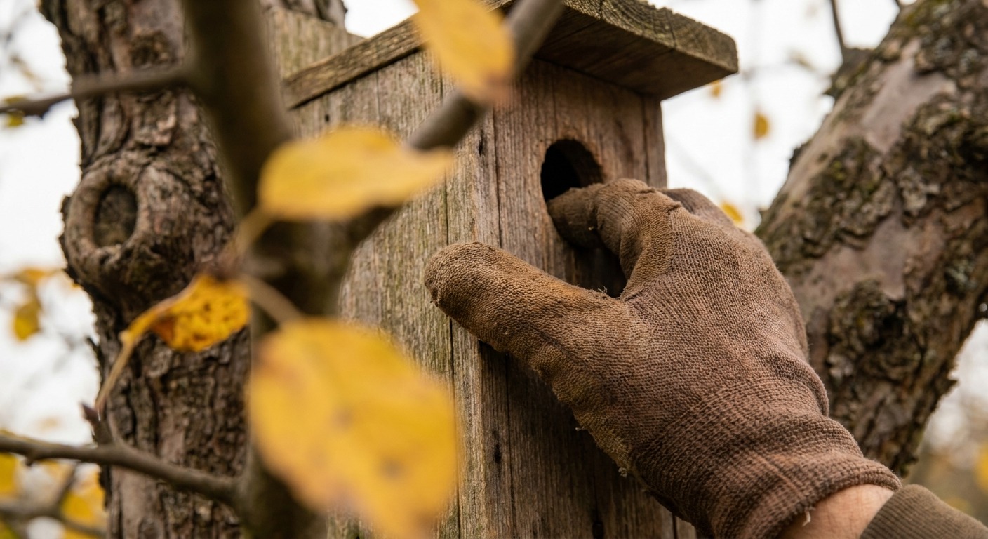 Behandschuhte Hand klopft an einen Nistkasten an einem Apfelbaum im Herbst, bevor sie den Nistkasten reinigen wird