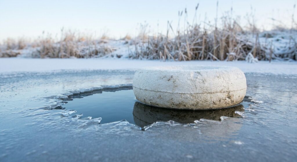 Schwimmender Eisfreihalter auf einem Gartenteich mit dünner Eisdecke im Winter