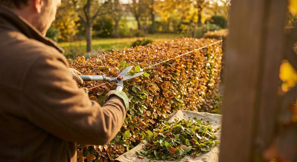 Person schneidet mit einer Handschere die Oberkante einer Hecke entlang einer gespannten Schnur