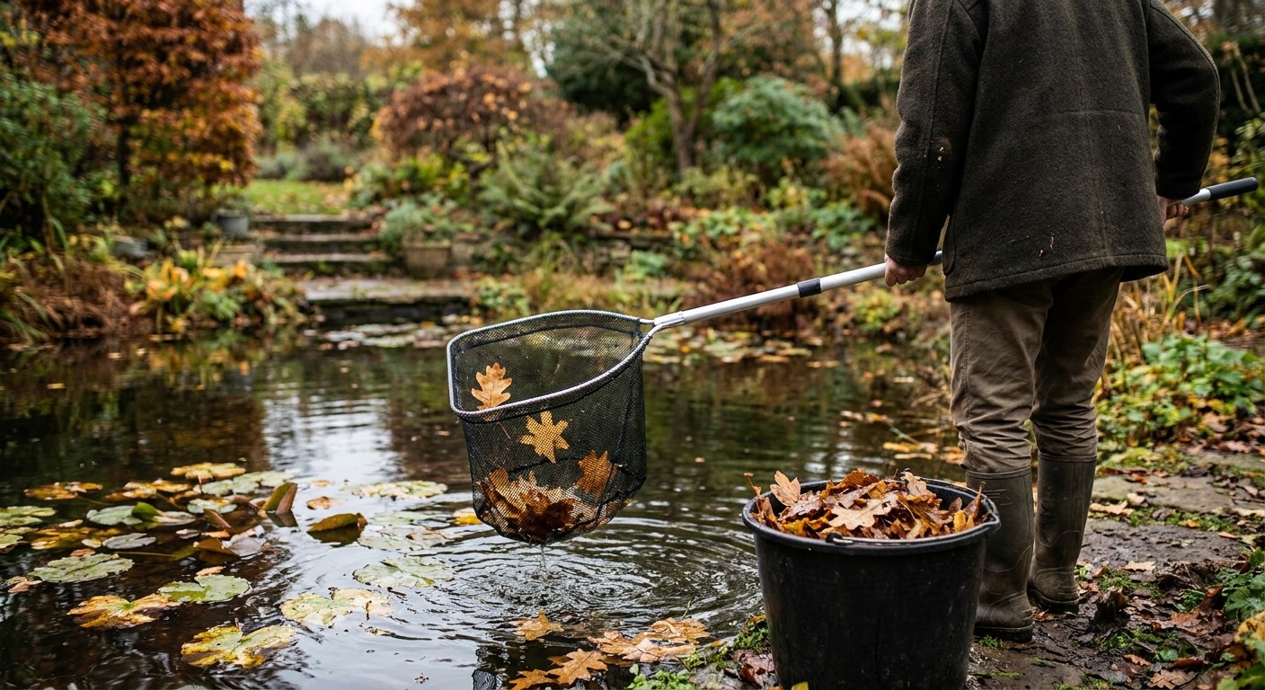 Person fischt mit einem Kescher gelbes Laub von der Oberfläche eines Gartenteichs, um den Gartenteich winterfest zu machen