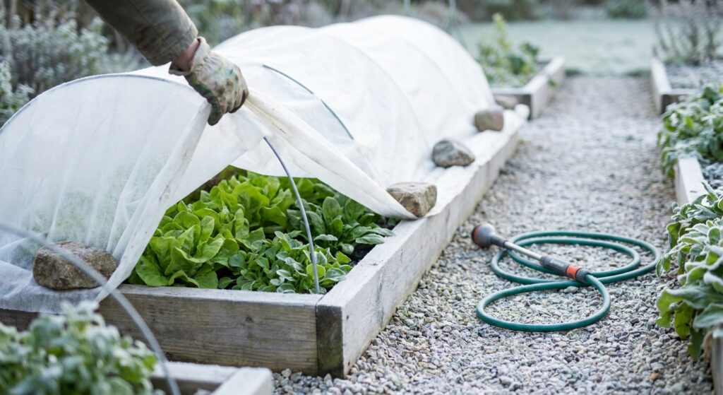 Hand hebt ein Gartenvlies an und zeigt grünen Wintersalat im Hochbeet darunter