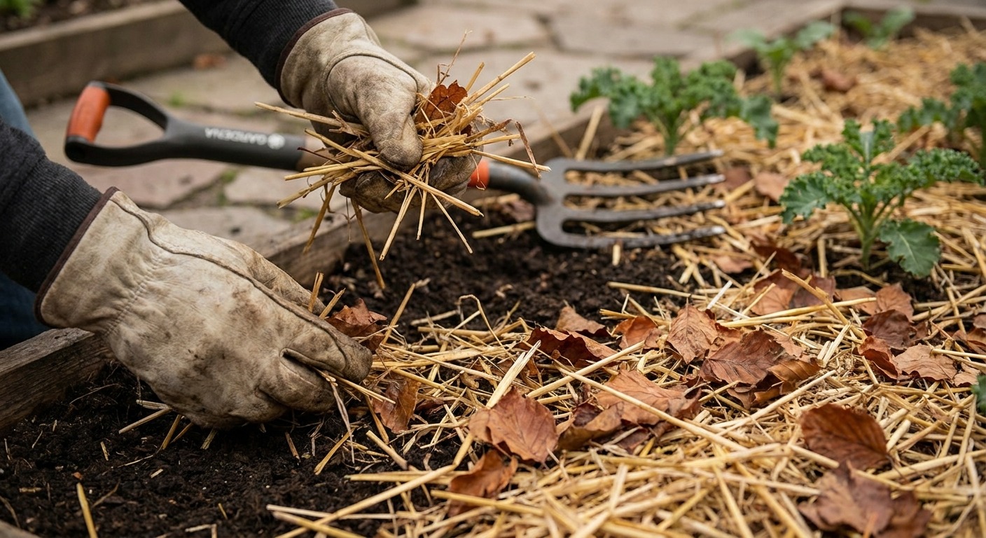 Behandschuhte Hände breiten Stroh und Laub als Mulchschicht auf einem abgeernteten Beet aus
