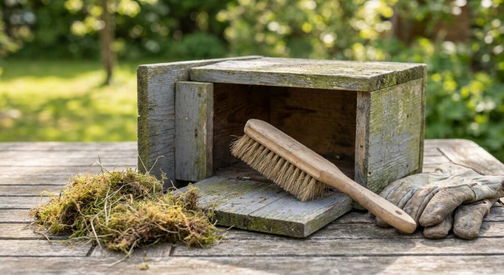 Geöffneter Nistkasten wird mit einer Handbürste ausgekehrt, daneben liegt ein altes Nest