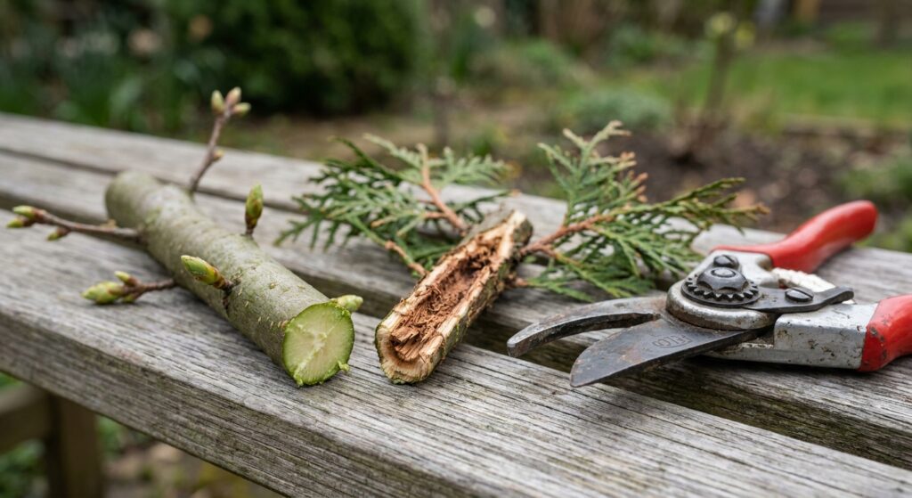 Hainbuchenzweig mit Knospen neben einem Thujazweig mit braunem, kahlem Innenbereich